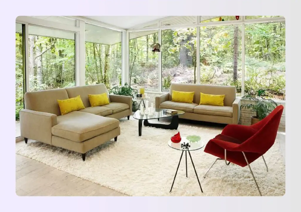 Mid-century modern living room example featuring clean lines and organic shapes Mid-century modern living room example featuring clean lines and organic shapes