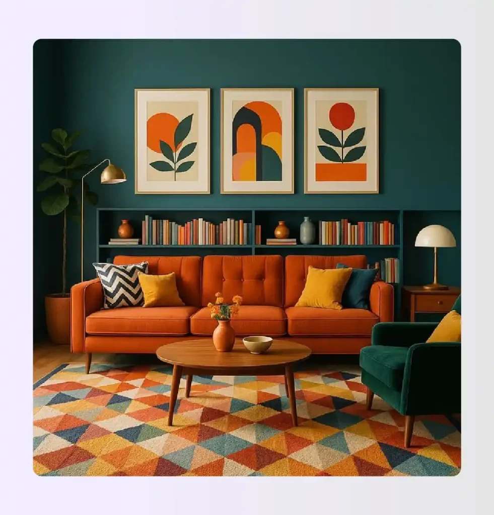 Living room featuring bold orange sofa in mid-century modern interior design Living room featuring bold orange sofa in mid-century modern interior design