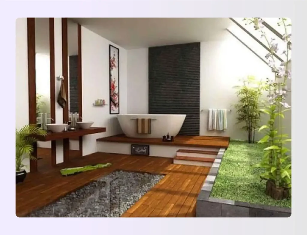 Modern bathroom interior featuring wood and indoor plants Modern bathroom interior featuring wood and indoor plants