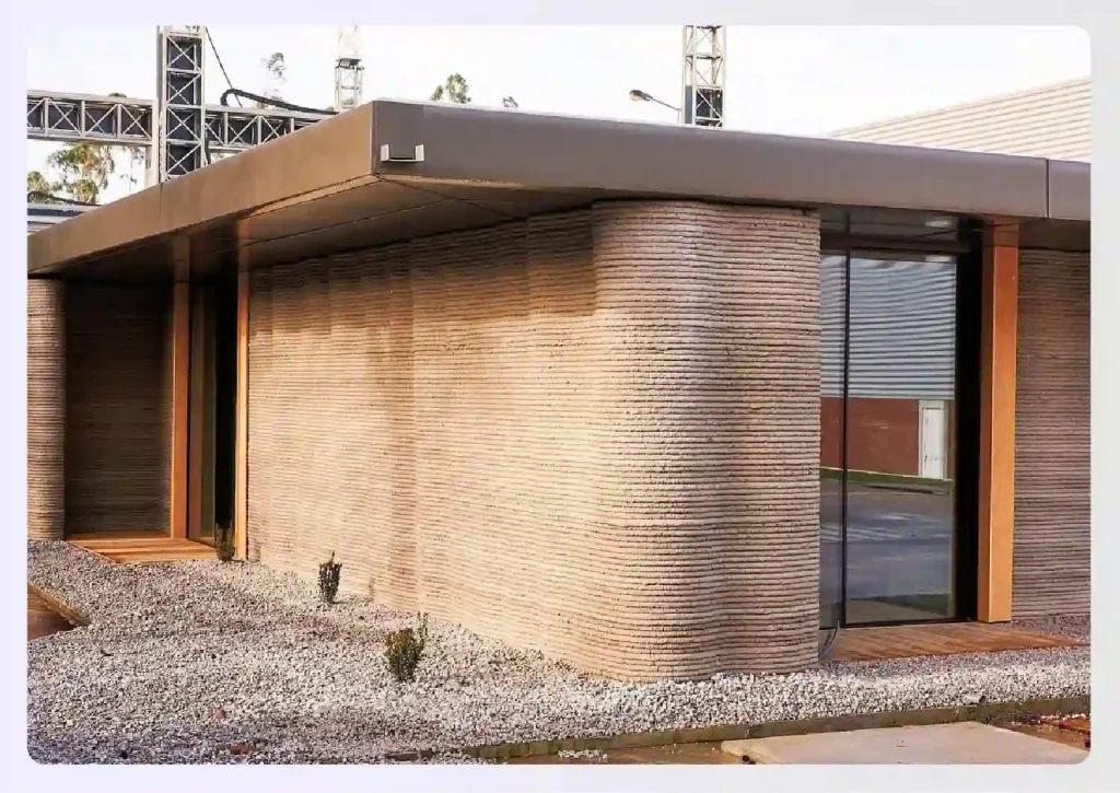 A 3D printed house structure being fitted with a traditional roof