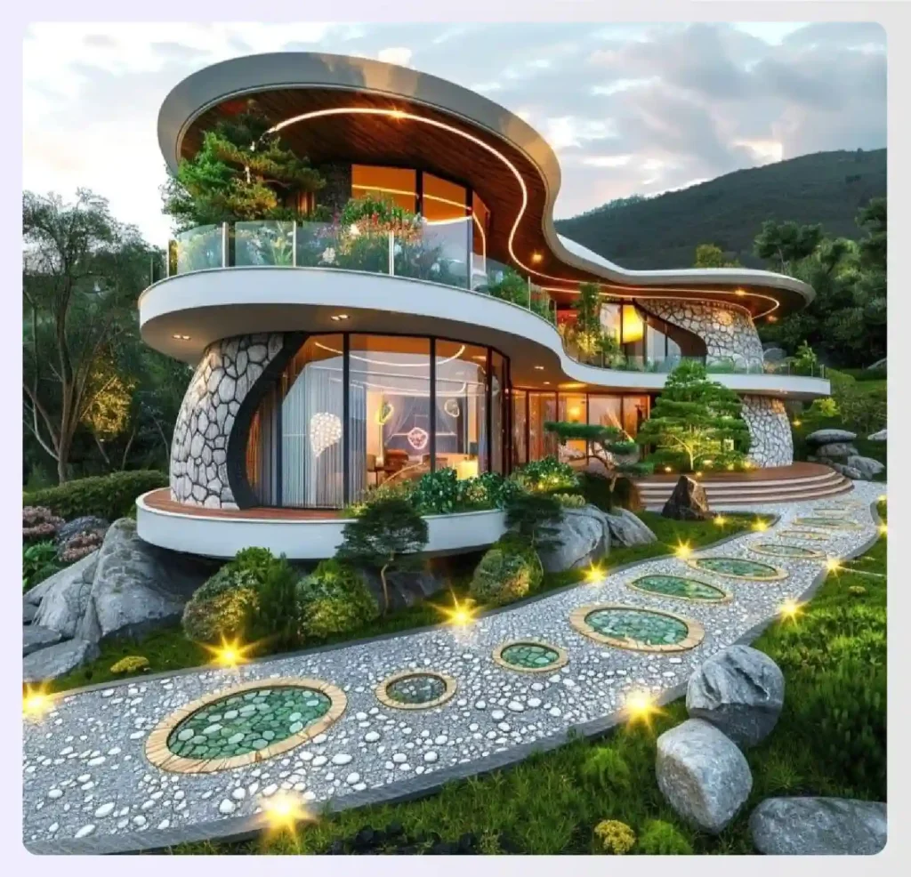 A luxury 3D printed mansion with integrated gardens and water