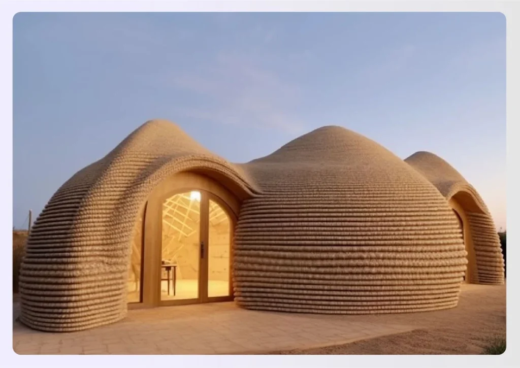 An earthy-toned 3D printed home made from clay