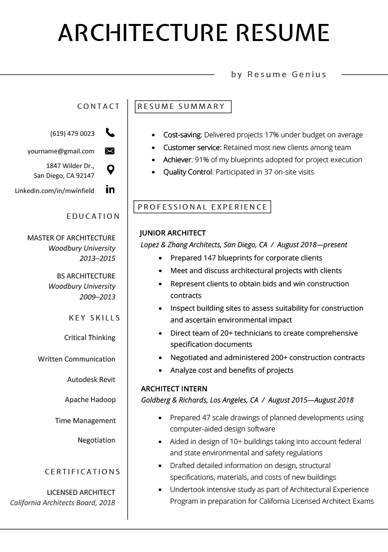 resume sample architecture student