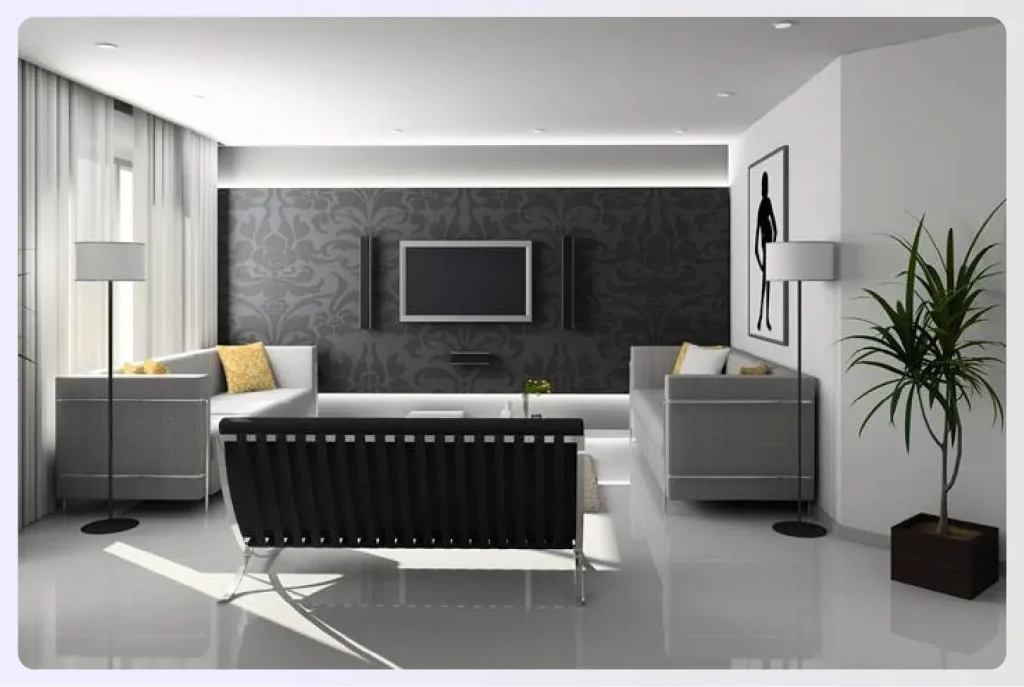 Modern monochrome living room with dark accent wall Modern monochrome living room with dark accent wall