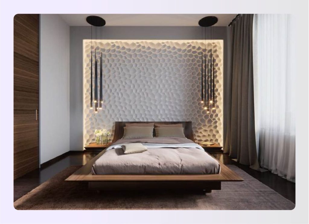 Bedroom with textured wall and pendant lighting
