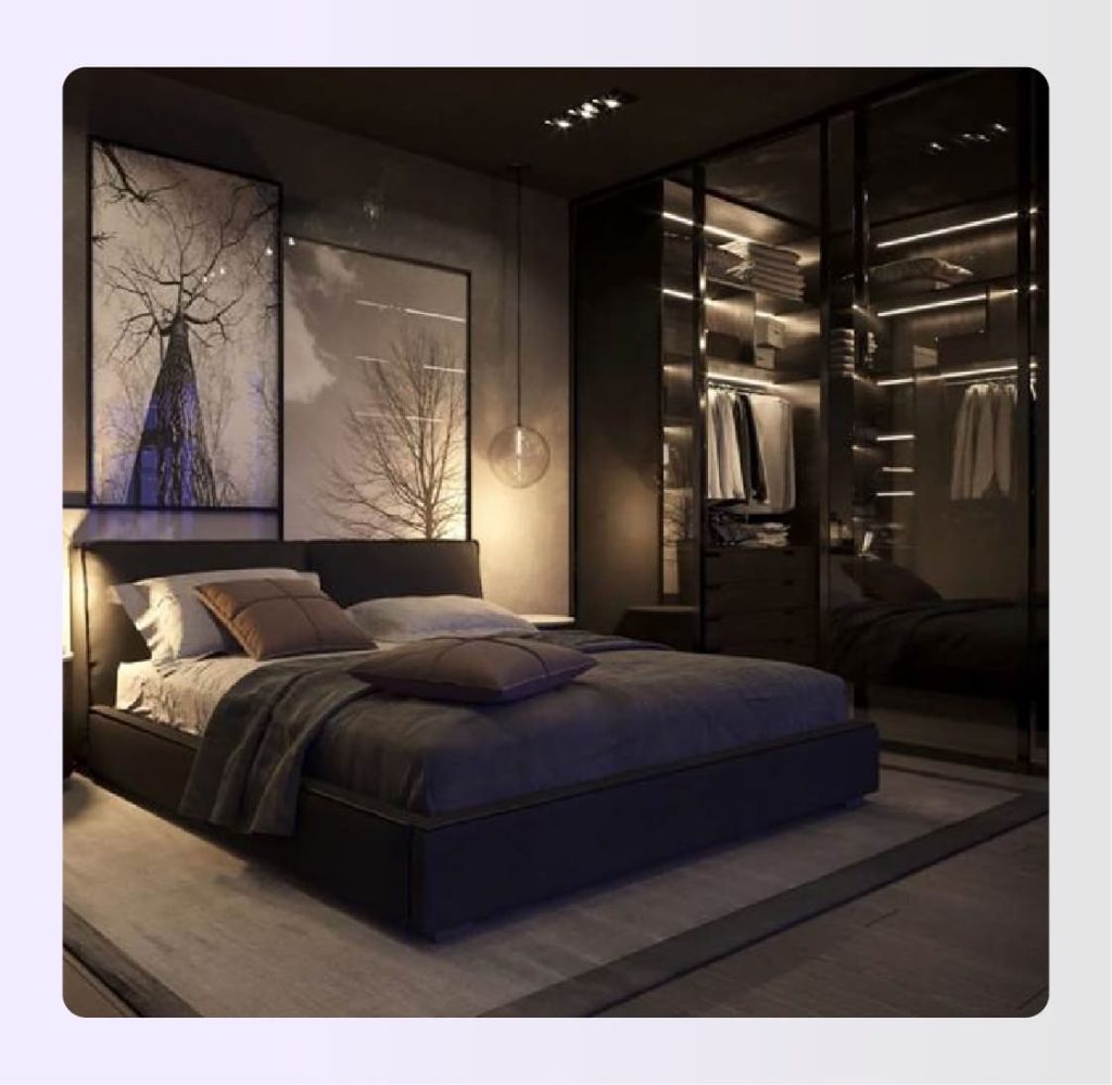 Dark monochromatic bedroom with modern lighting Dark monochromatic bedroom with modern lighting