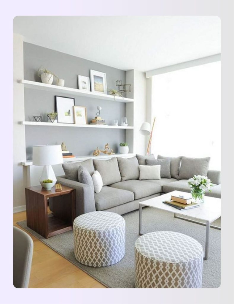 Living room with poufs and floor seating Living room with poufs and floor seating