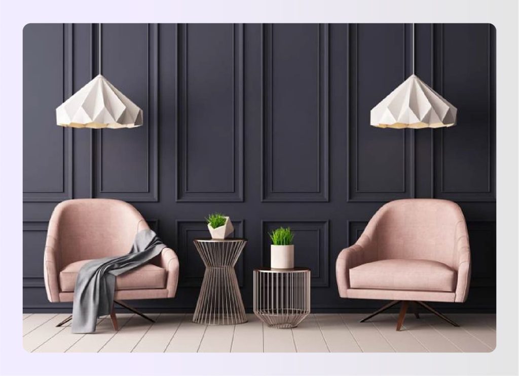 Pink armchairs with asymmetrical pendant lights