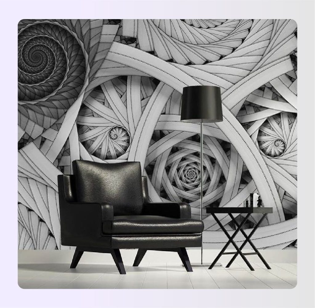 Black and white geometric wall mural in living room