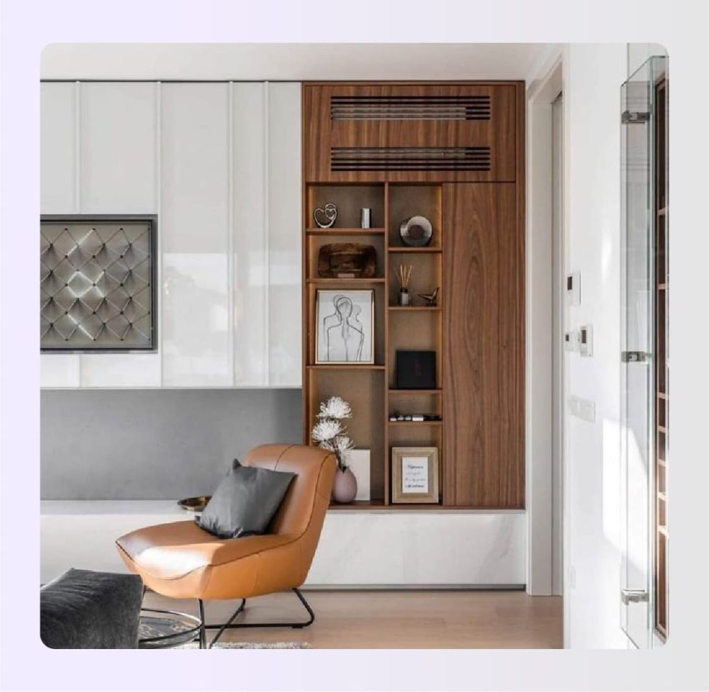 Modern living room with tall built in shelving