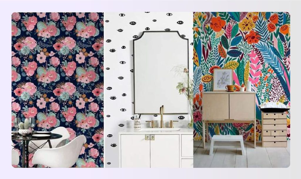 Floral wallpaper designs in a modern dining room