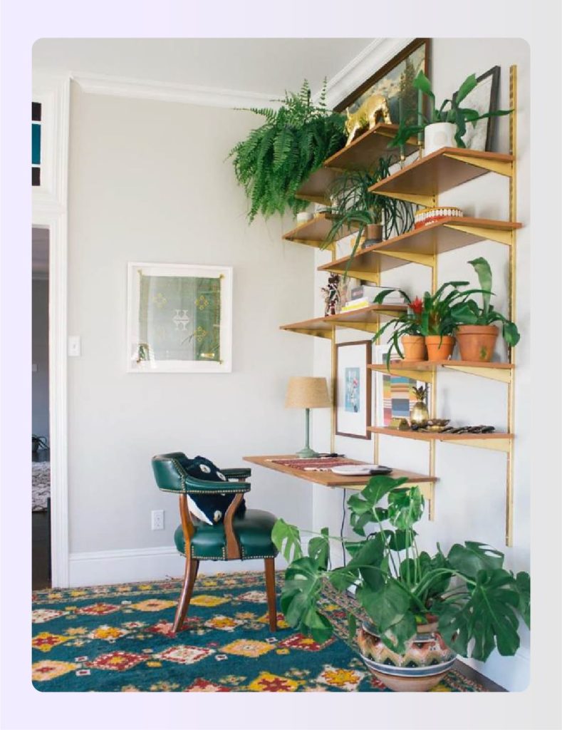 Home office with shelving plants and wooden desk