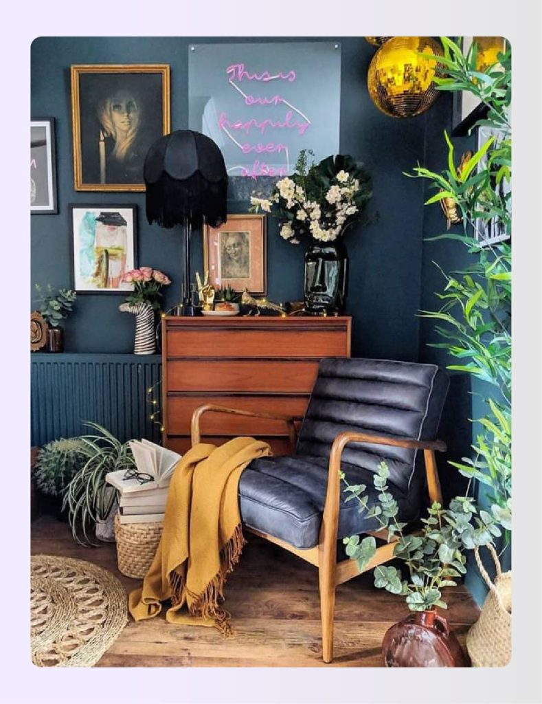 Eclectic living room corner with antique dresser