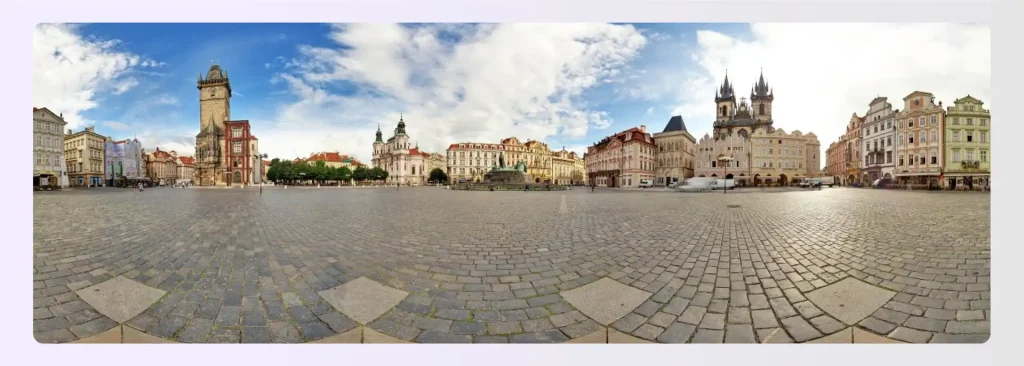 360-degree panoramic photo of a European city squareย 360-degree panoramic photo of a European city squareย