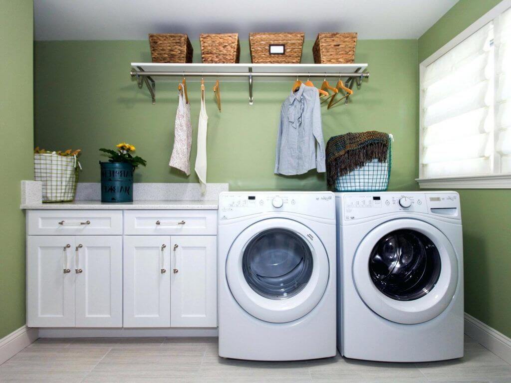 laundry room shelving in green themes