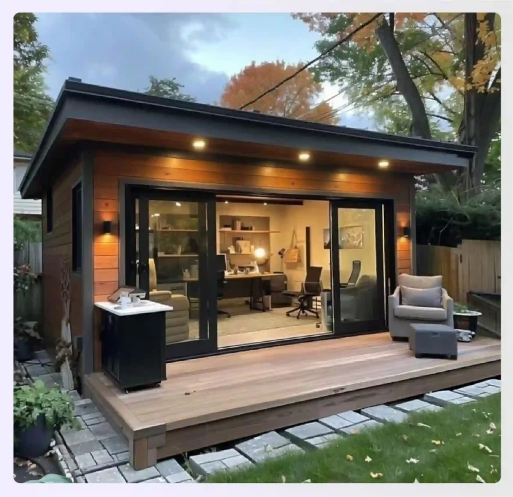 A cozy backyard home office outhouse design