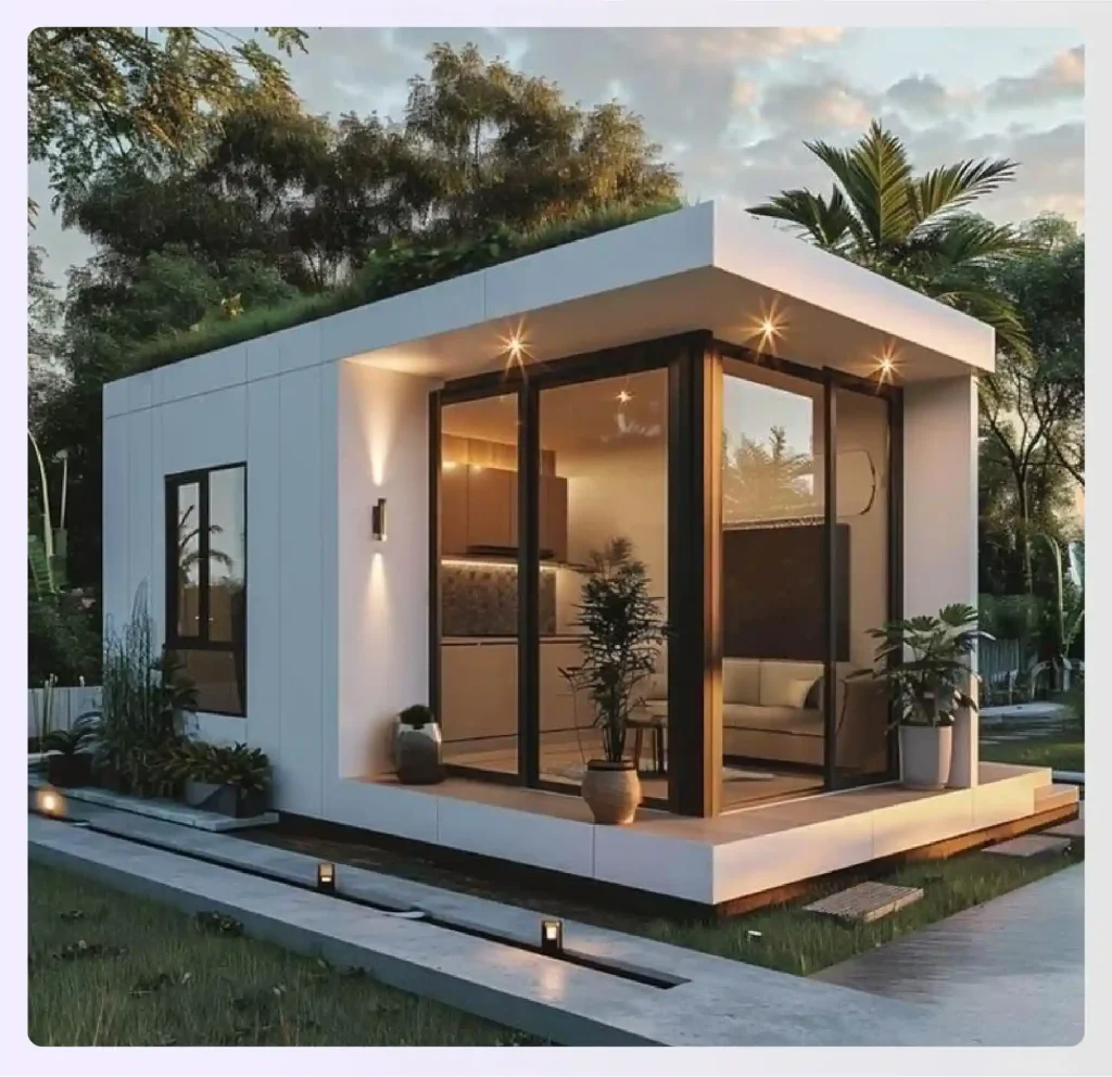 A minimalist white outhouse with a living roof