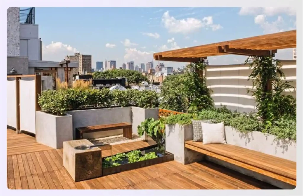 A water feature integrated into a rooftop garden design