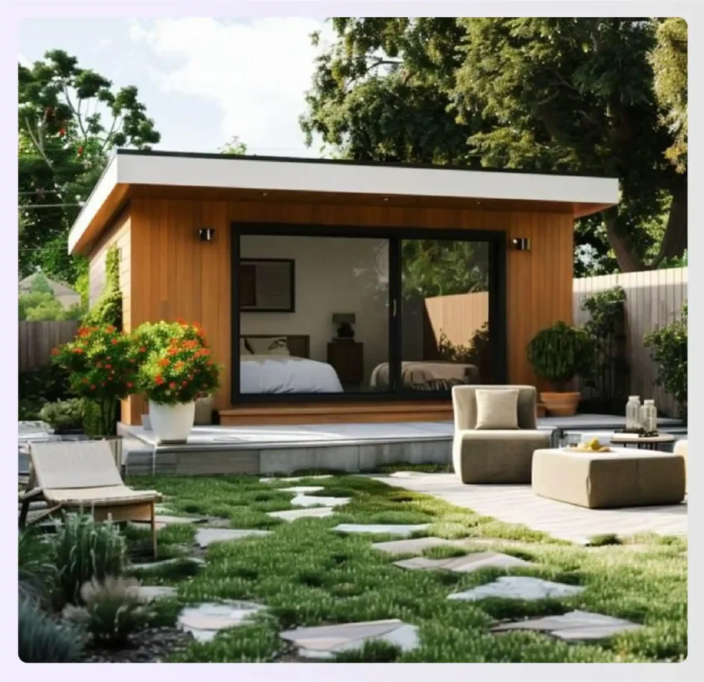 Backyard outhouse guest room with sliding glass door