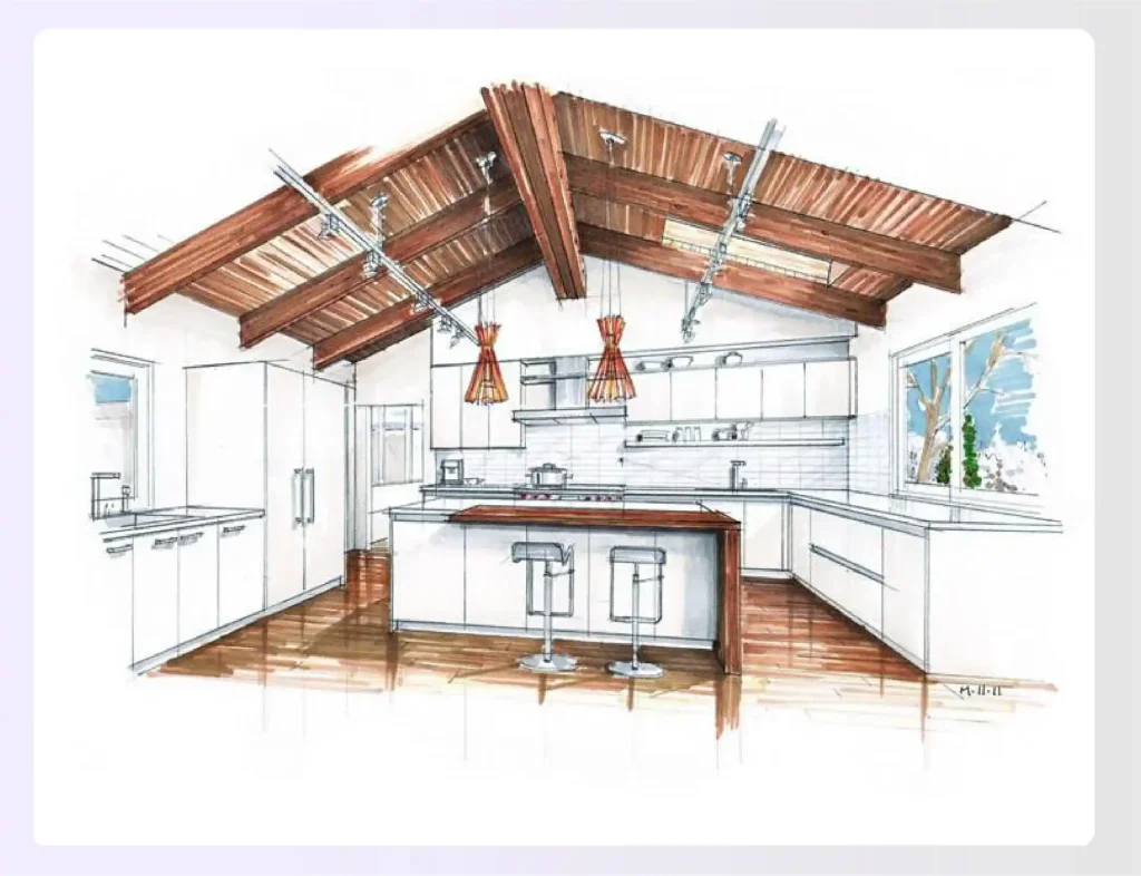 Hand-drawn architectural sketch of a modern kitchen design Hand-drawn architectural sketch of a modern kitchen design