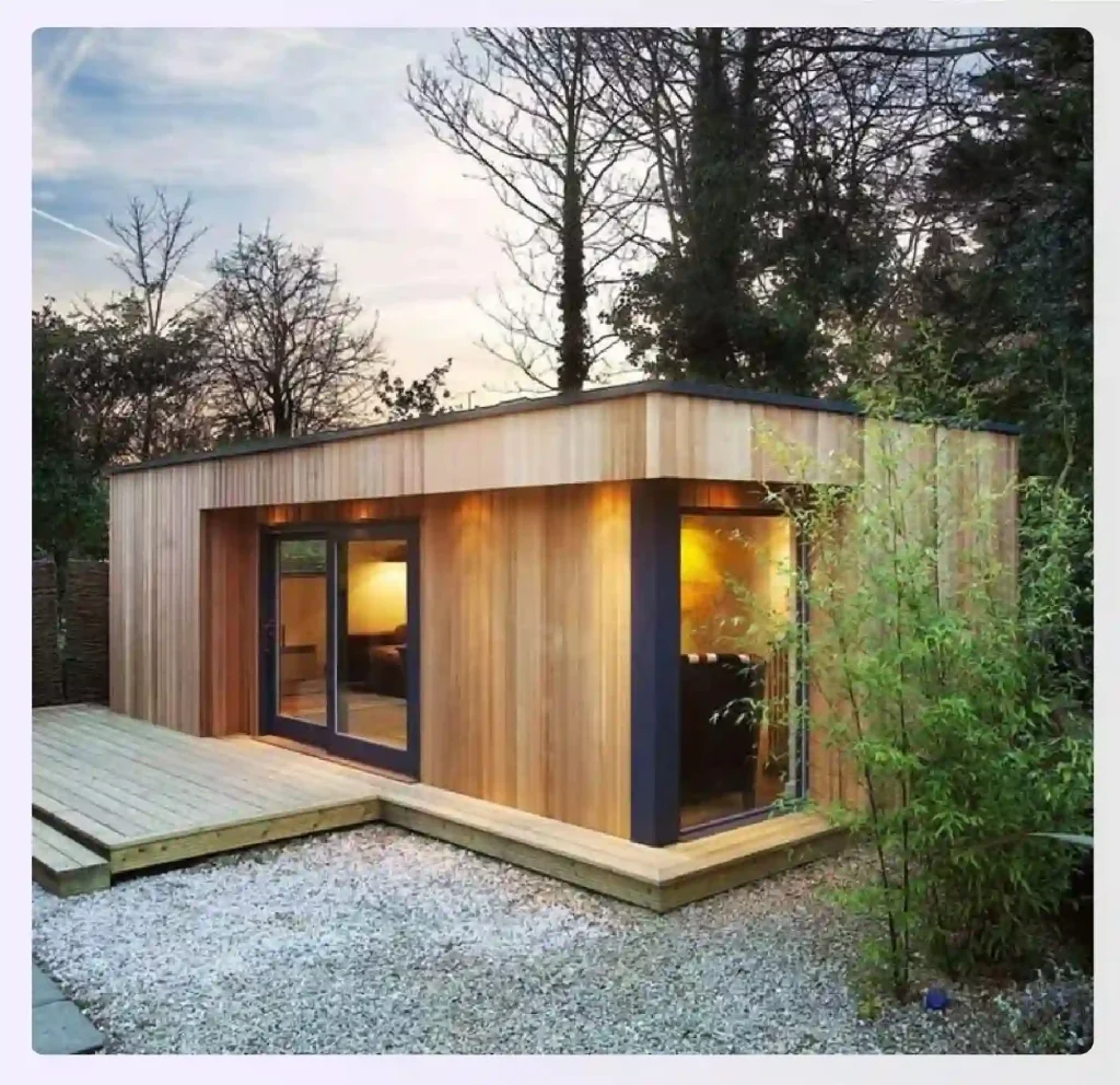 Modern wooden outhouse with large glass doors Modern wooden outhouse with large glass doors