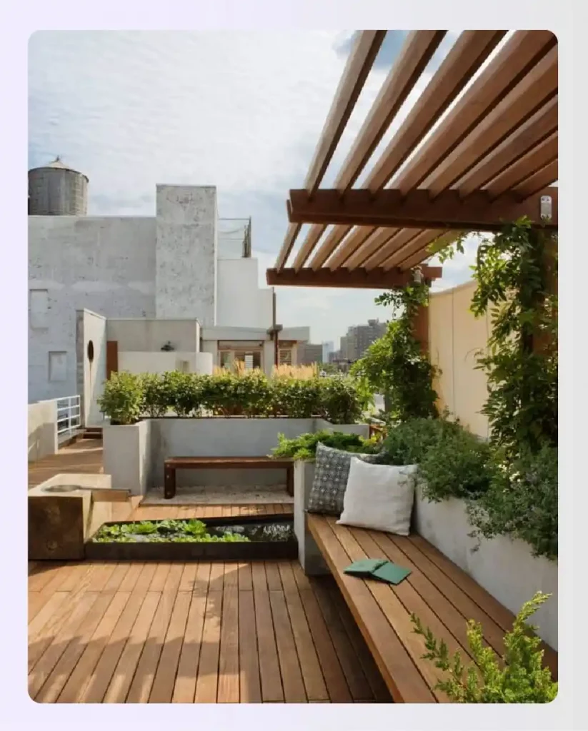Rooftop terrace garden with built-in wooden benches