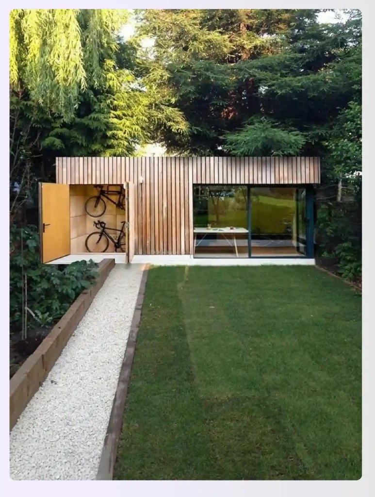 Wooden outhouse with integrated bicycle storage compartment