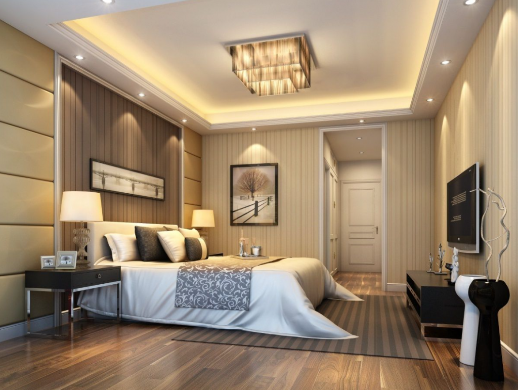 embellished ceiling in master bedroom