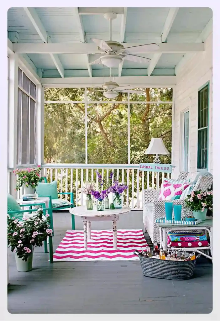 Brightly decorated porch with colorful DIY furniture pieces