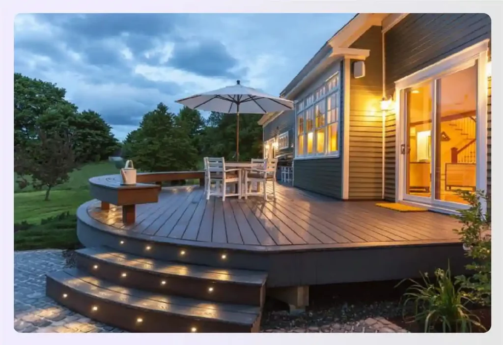 Curved wooden deck with built-in step lighting