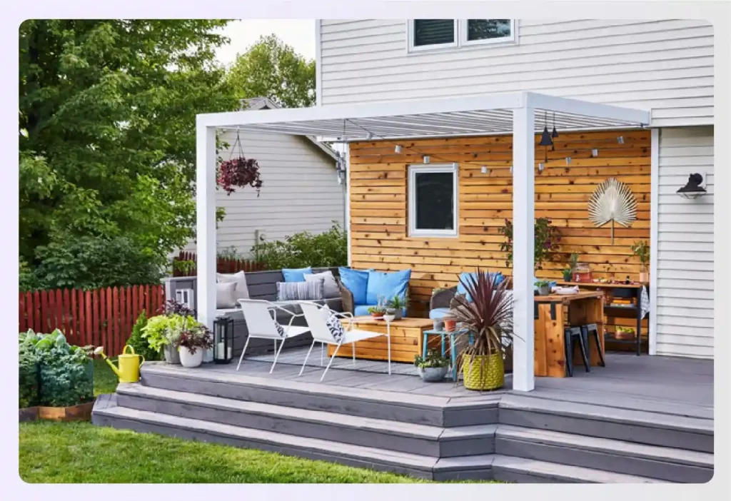 Modern backyard porch with a pergola and seating