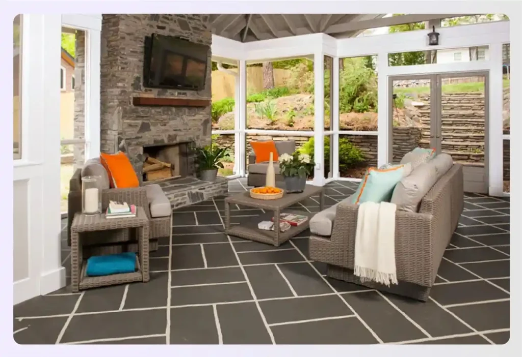 Modern screened-in porch with a stone fireplace