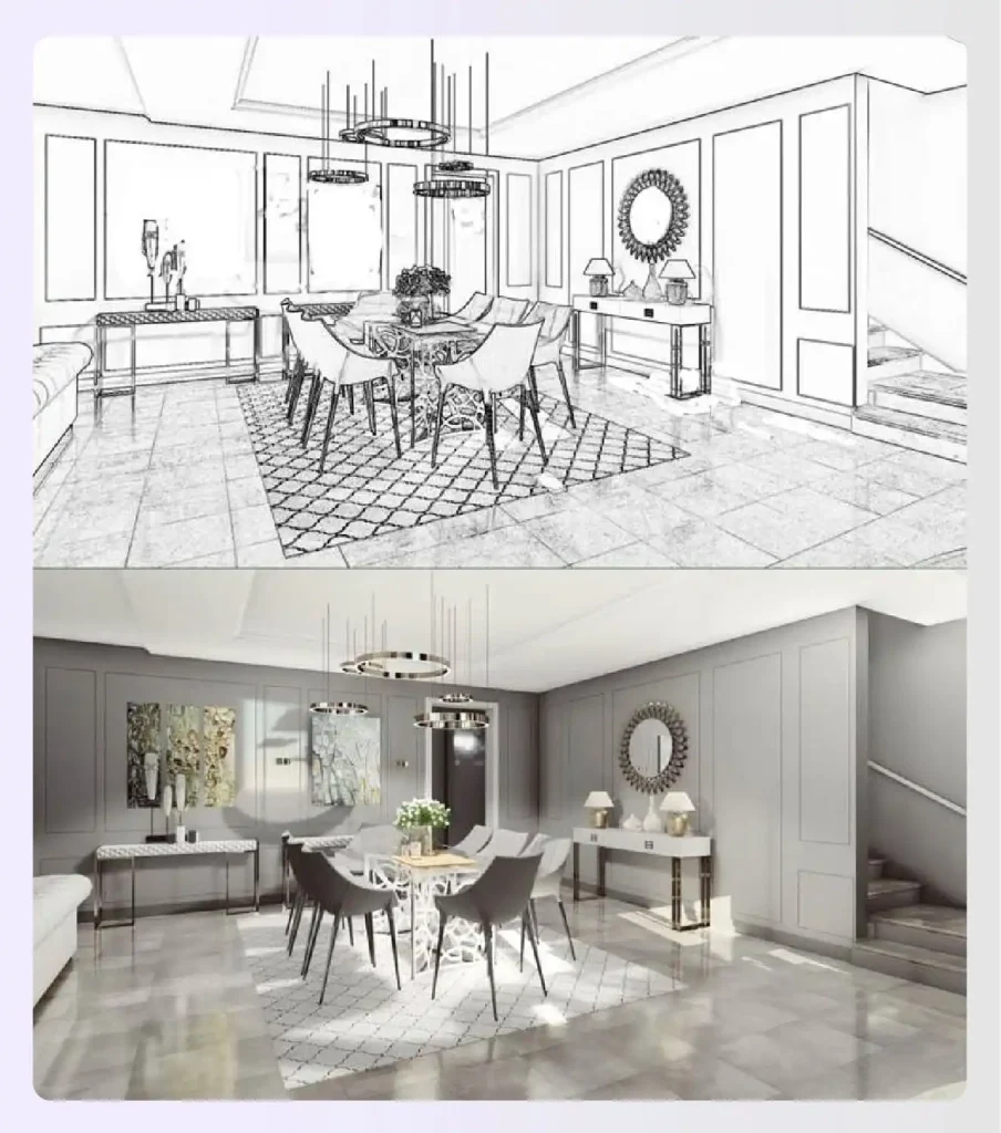 Photorealistic 3D render of a living room and kitchen Photorealistic 3D render of a living room and kitchen