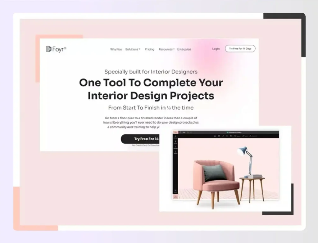 Foyr Neo dashboard showing 3D rendering features