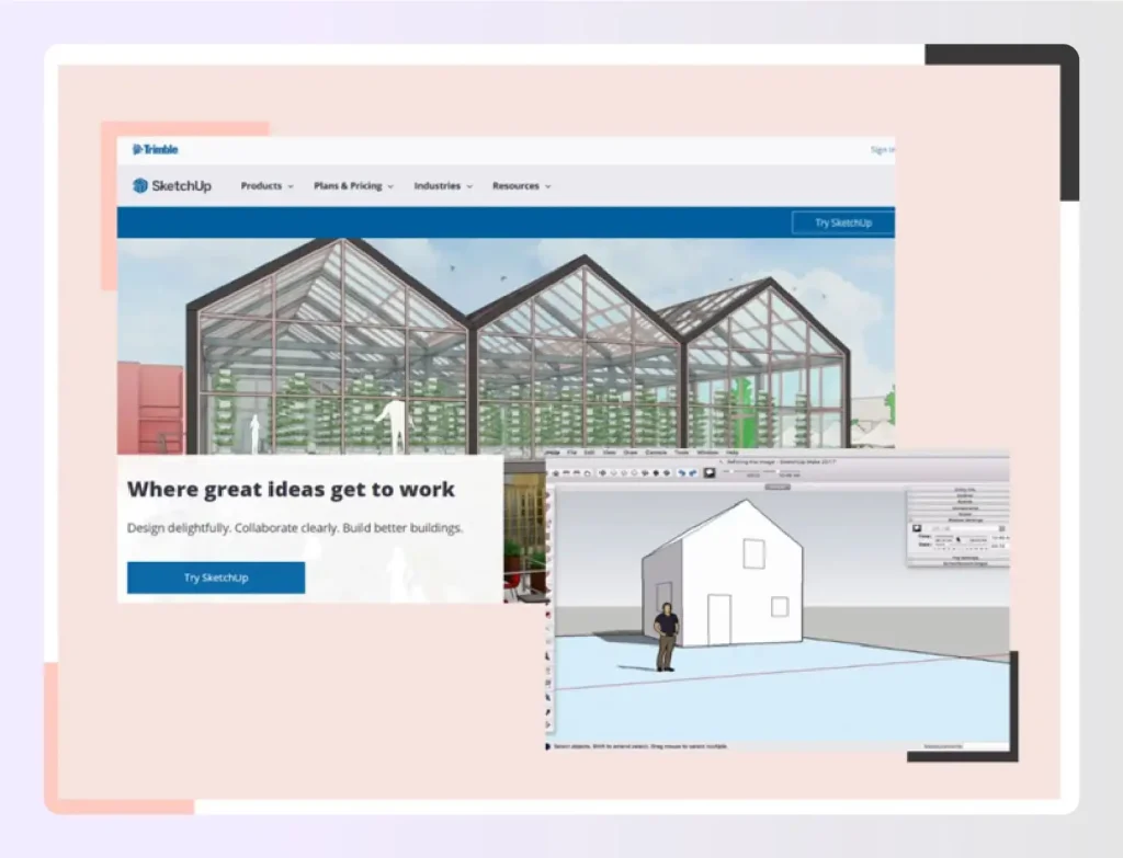 SketchUp interface showing 3D modeling and room design program SketchUp interface showing 3D modeling and room design program