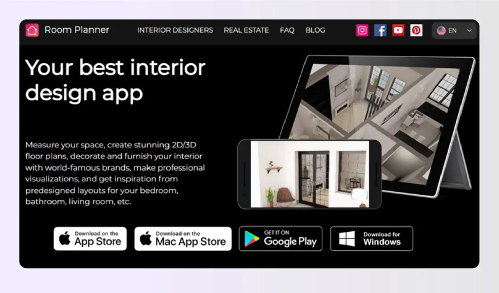 Roomplanner app showing furniture arrangement