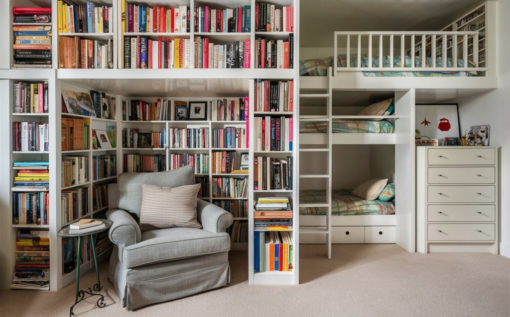 Multipurpose room with bookshelves, bunk beds, and a comfortable chair.