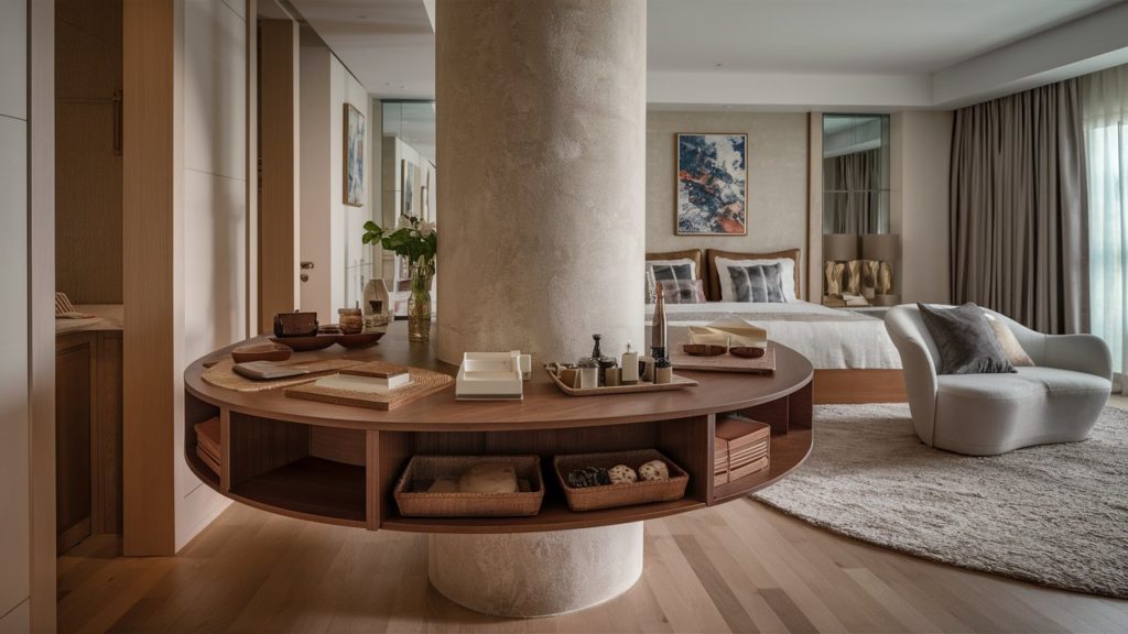 Living room with a round wooden table in the center