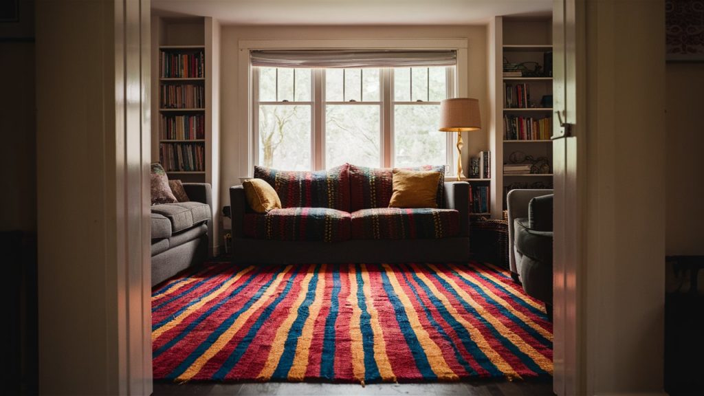 A colorful living room with a couch and a rug.