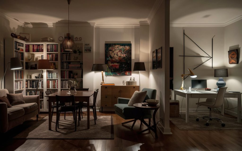 A brightly lit living room with a comfortable couch, a coffee table, two chairs for seating, and a desk in the corner with a bookshelf beside it.