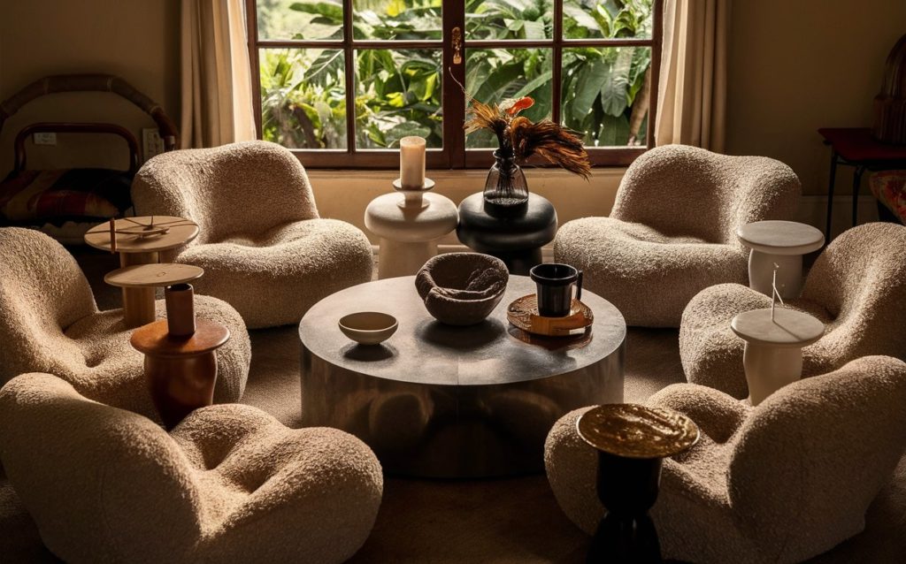 Several chairs sitting around a wooden coffee table in a carpeted living room