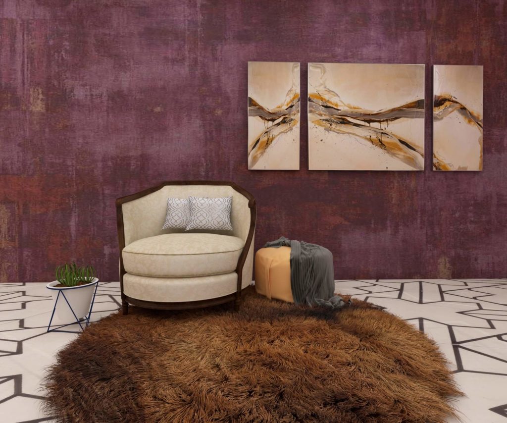 Living room furniture with chair, rug, art
