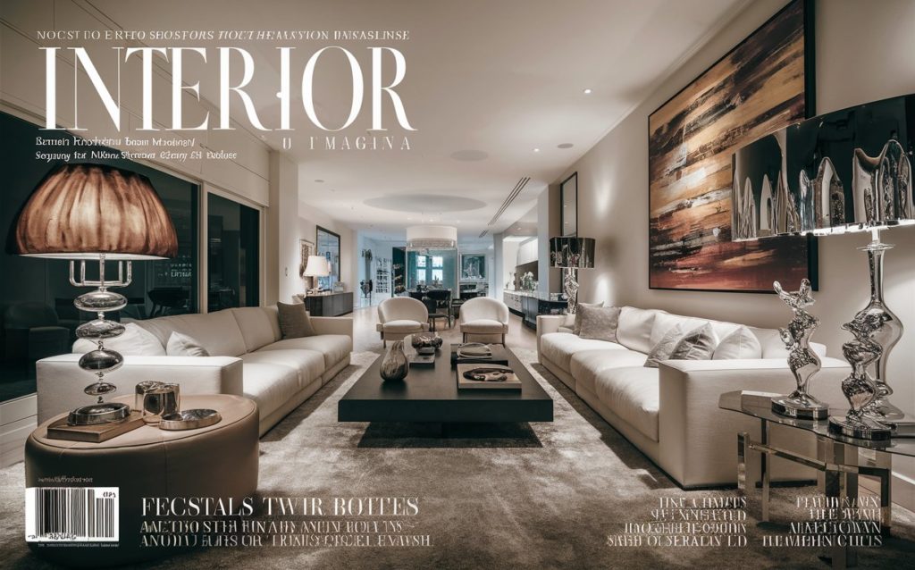 Magazine cover featuring a photo of a modern living room interior design.