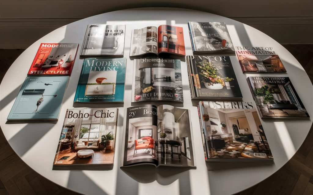 A table with a variety of magazines on Interior Design
