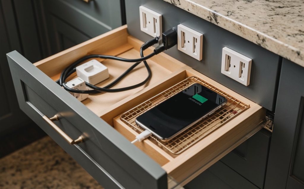 A drawer open revealing a phone charger plugged in