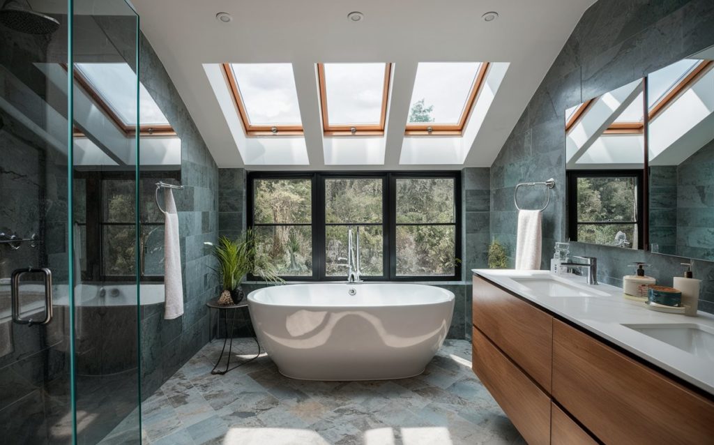 Spacious bathroom featuring a bathtub, sink, and skylights