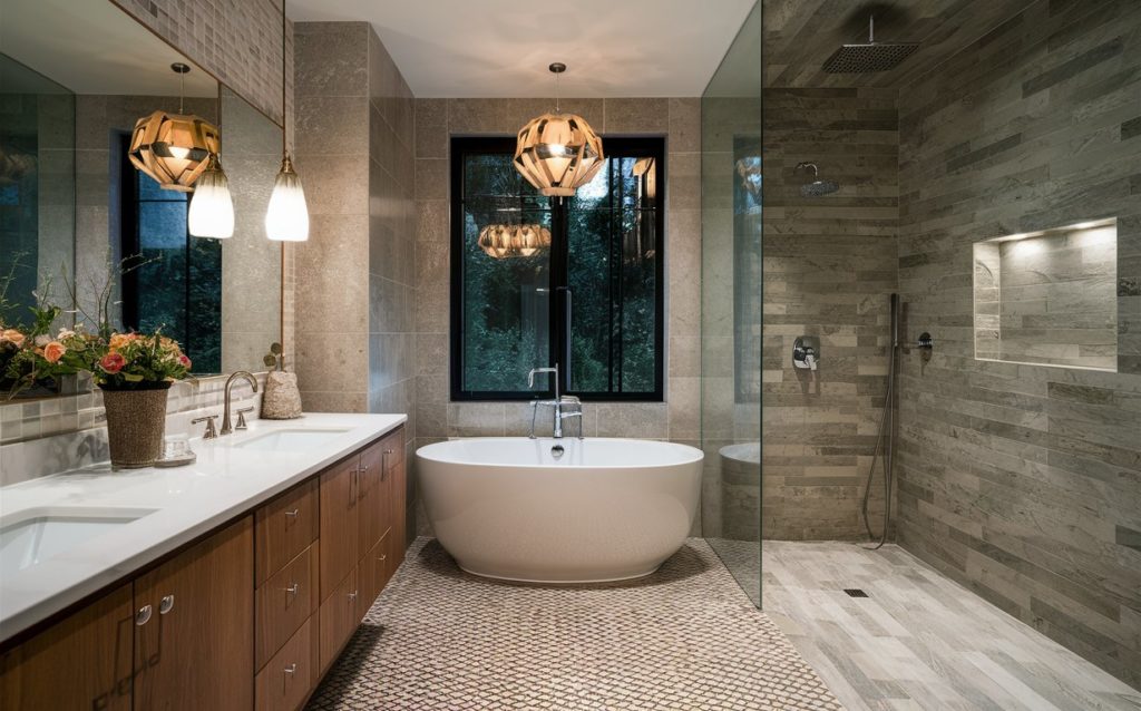 A modern bathroom with a freestanding tub and a walk-in shower enclosure.