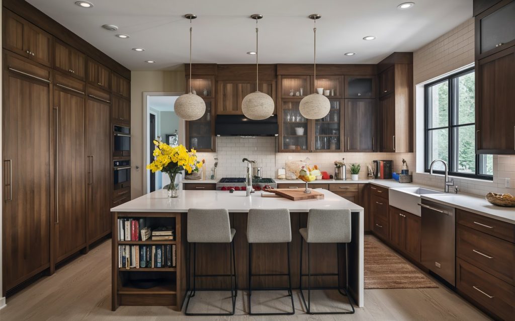 A modern kitchen with a large island lit by pendant lamps, offering a functional and stylish workspace