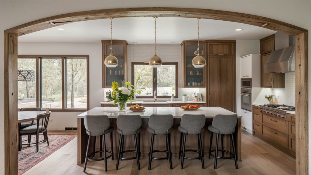 A spacious kitchen with a large center island breakfast bar with five stools