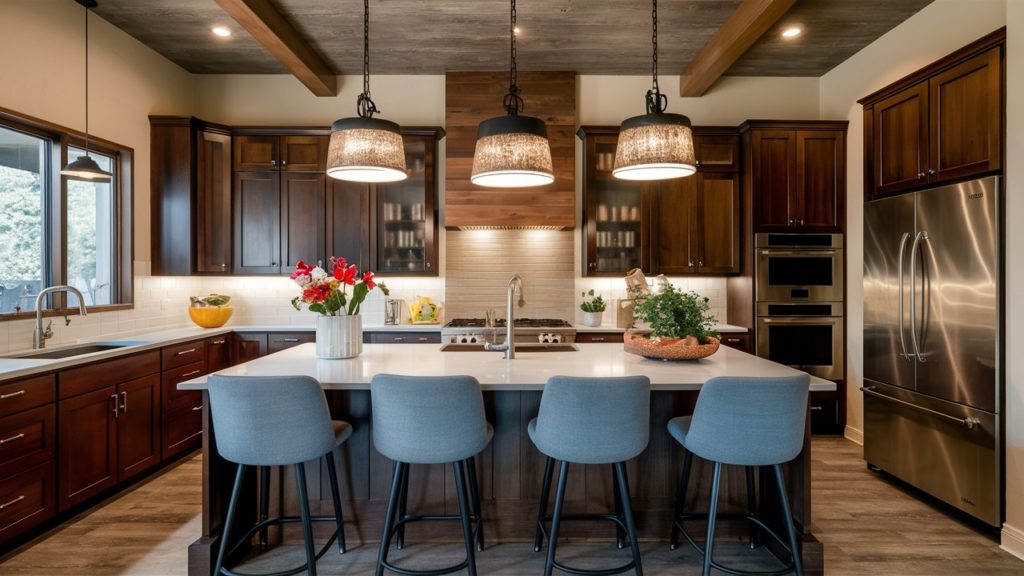 A modern kitchen featuring a spacious island with seating for three. The kitchen has stainless steel appliances and light colored countertops.